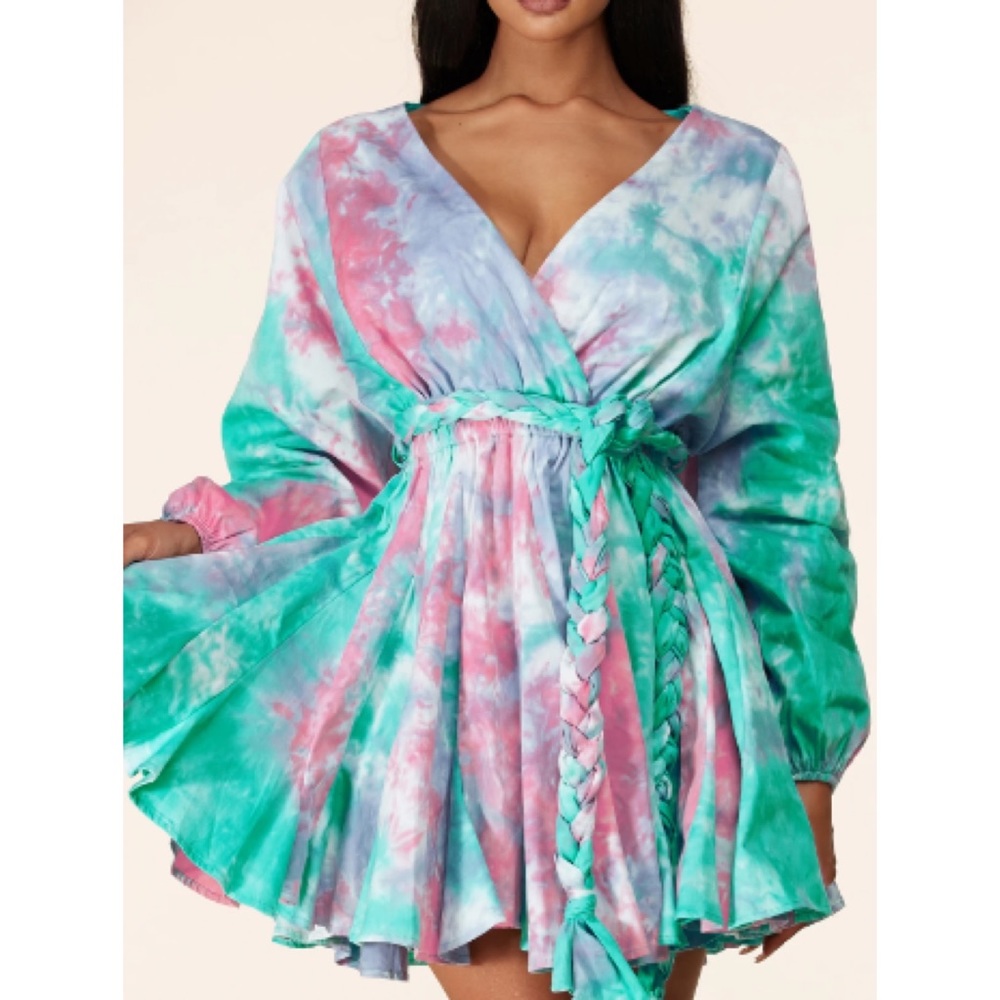 Turquoise Tie-Dye Surplice Skater Dress